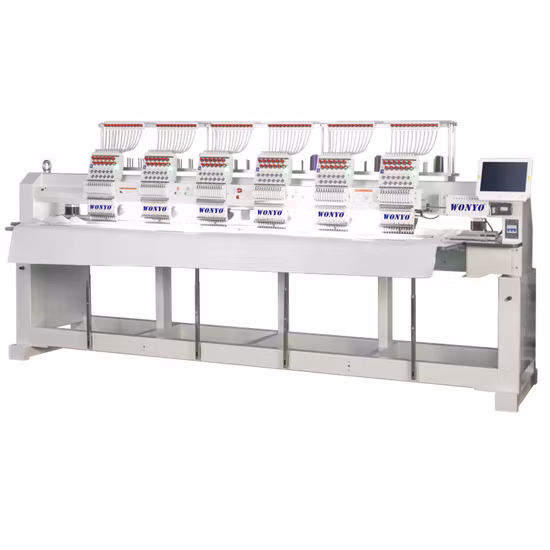 Máquina de bordar computadorizada Wonyo de alta eficiência para uso industrial com 6 cabeças para design de bordado de sapatos de boné
